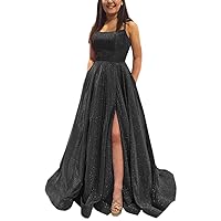 Dessiny Women’s Glitter Prom Dresses 2024 Split Spaghetti Strap Long Formal Evening Party Ball Gown with Pockets DE44