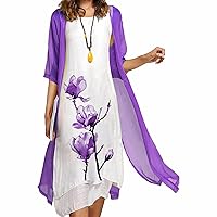 Women's Two Piece Summer Dress Sheer Chiffon Kimono with Floral Print Flowy Maxi Dress M-4XL