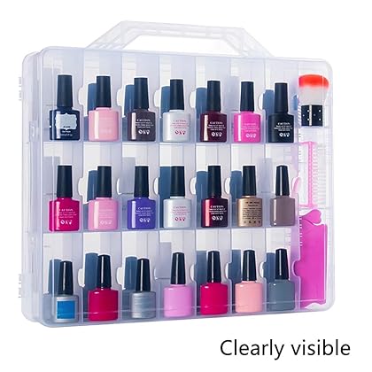 WEIYI Clear Nail Polish Organizer Case Stores 48 Bottles Holder Double Side with Adjustable Compartments and 2 Toe Separators