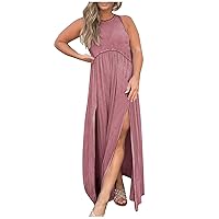 Dresses for Women 2023 Loose Fashion Solid Color Plus Size Dress Sexy Sleeveless Hanging Neck Side Split Dress