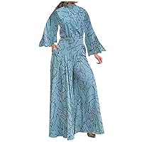 Women's Jumpsuits, Rompers & Overalls, Jumpsuits for Women, Women's Jumpsuits Dressy Tropical Sexy Temperament Elegant Waist Drawstring Long Sleeve Hanging Neck Trousers Printed (M, Light Blue)