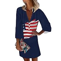 Fourth July Outfits Women Patriotic Dress for Women Sexy Casual Vintage Print with 3/4 Length Sleeve Deep V Neck Independence Day Dresses Navy X-Large