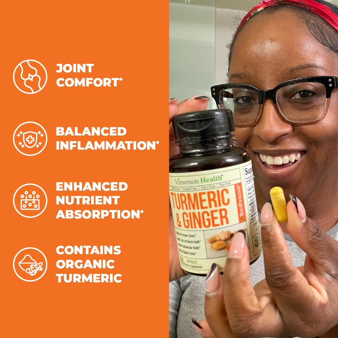 Tumeric and Ginger with Black Pepper - Natural Turmeric Curcumin Joint Support Supplement with Bioperine & 95% Curcuminoids. High Absorption Curcumin Supplements. Digestive & Immune Support. 60 Caps