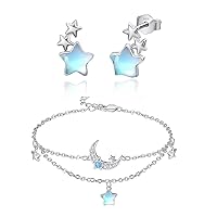 Moon Star Bracelet Star Earrings for Women 925 Sterling Silver Hypoallergenic Moonstone Star Stud Earrings Crescent Bracelet Jewelry Gifts for Women Girls