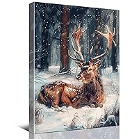 A Deer Lying In The Snow,Deer In Snow Forest,Winter Room Decor,Vintage Painting,Rustic Wall Art,8