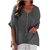 Womens Cotton Linen Summer Tops Casual Short Sleeve Shirts Dressy Blouses Plus Size Trendy Pleated Tunic