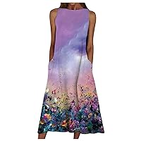 Women's Dress Print Beach Sleeveless Long Floor Maxi Round Neck Glamorous Swing Flowy Casual Loose-Fitting Summer