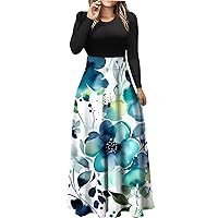 Women Dresses Casual,Fall Casual and Printed Round Neck Long Sleeved Patchwork Long Skirt Dress for Women Party