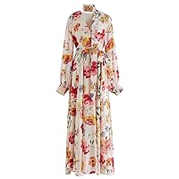CHICWISH Women's Cream Scarf Plunging Vernal Blossom Chiffon Maxi Dress