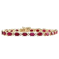 14.56 Carat Natural Red Ruby and Diamond (F-G Color, VS1-VS2 Clarity) 14K Yellow Gold Tennis Bracelet for Women Exclusively Handcrafted in USA