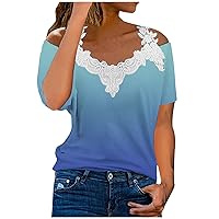 Women Sexy Cold Shoulder Shirts Summer Casual V Neck Tunic Trendy Tops Classy Lace Patchwork Short Sleeve Blouse