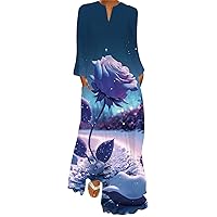 Summer Casual Long Sleeve Floral Print V Neck Loose Comfy Dress Women Pleated Boho Beach Sundress Pelum H Maxi Dresses