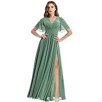 Women's V-Neck Flutter Sleeve Bridesmaid Dresses with Pockets A-Line Long Chiffon Formal Party Dress
