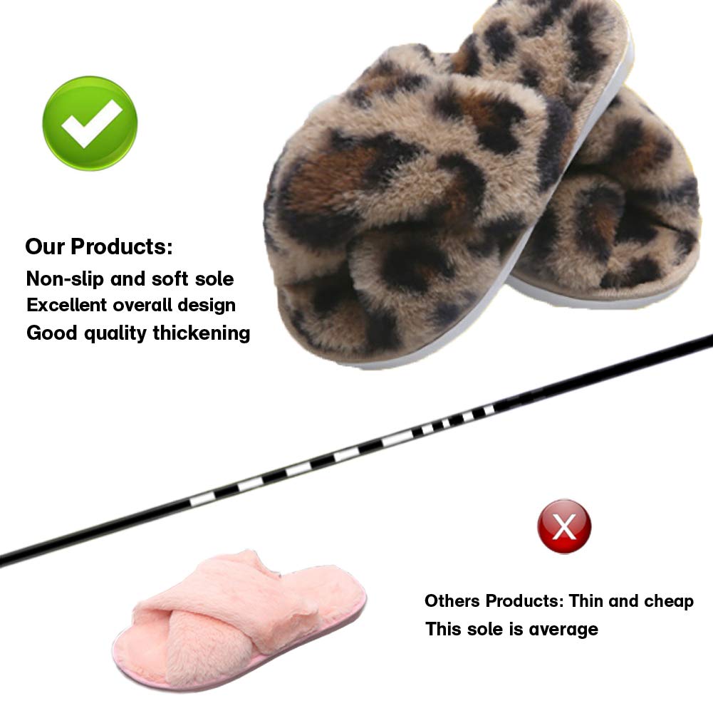 LightFun Girl's Fuzzy Fluffy Furry Slippers Fur Flip Flop Open Toe Slippers Cross Band Shoes Slides for Girls House Home Indoor Outdoor