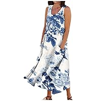 Sundresses for Women 2024 Summer Loose Round Neck Printed Sleeveless Large Swing Dress with Pockets