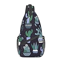 Sling Backpack,Travel Hiking Daypack Cactus Succulent Plant Print Rope Crossbody Shoulder Bag
