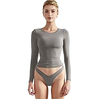 SUUKSESS Women Double Lined Fitted Basic T Shirts Crew Neck Long Sleeve Crop Top