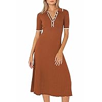 Pink Queen Women's Polo V Neck Short Sleeve Elegant High Waisted Bodycon Ribbed Swing Knit Midi Dresses