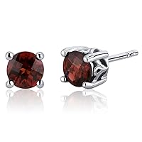 Peora Garnet Stud Earrings 925 Sterling Silver, Solitaire Scroll Gallery, 2 Carats Total, Round Shape 6mm, Friction Backs