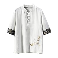 Mens Floral Crane Embroidered Japanese Tees Tops Vintage Collar Casual Hanfu Henley Shirts 3/4 Sleeve Tang Clothing Yukata