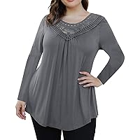Women's Plus Size Fall Tops Long Sleeve Shirts Lace Round Neck Pleated Tunic Tops Loose Comfy Dressy Casual Blouses