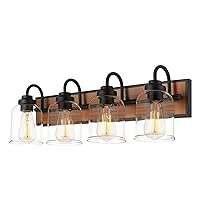 zeyu 4-Light Rustic Vanity Light Fixture, 26 Inch Bathroom Lights Over Mirror with Clear Glass, Black and Wood Grain Finish, ZJF64B-4W BK+WD