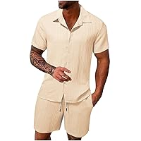 Men's 2 piece Guayabera Shirts Set Cotton Linen Short Sleeve Beach Outfits Casual Button Down Shirt and Short Sets