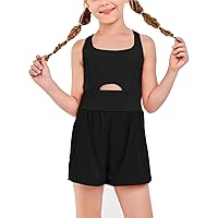 Haloumoning Girls Cut Out Athletic Romper Kids Summer Cute Sleeveless Short Jumpsuit One Piece Outfits 5-14 Years