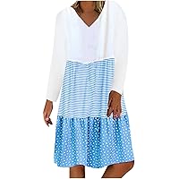 2023 Tiered Polka Dots Stripes Dress for Women Long Sleeve V-Neck Casual Loose Flowy Patchwork Tunic Swing Dress