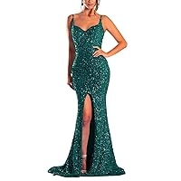 Sparkly Prom Dresses Long Fitted with Front Slit for Teens Spaghetti Straps Mermaid Sequin Evening Gowns