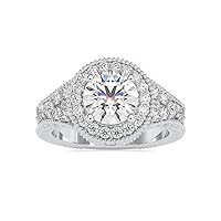 VVS Certified Halo Engagement Ring with 0.59 Ct Round Natural & 1.51 Ct Center Round Moissanite Diamond in 14k White/Yellow/Rose Gold Luxury Style Ring for Women | Real Diamond Ring (IJ-SI, G-VS2)