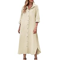 Fasumava Women's Cotton Linen Shirt Dress Long Sleeve Casual Loose Maxi Dresses with Pockets