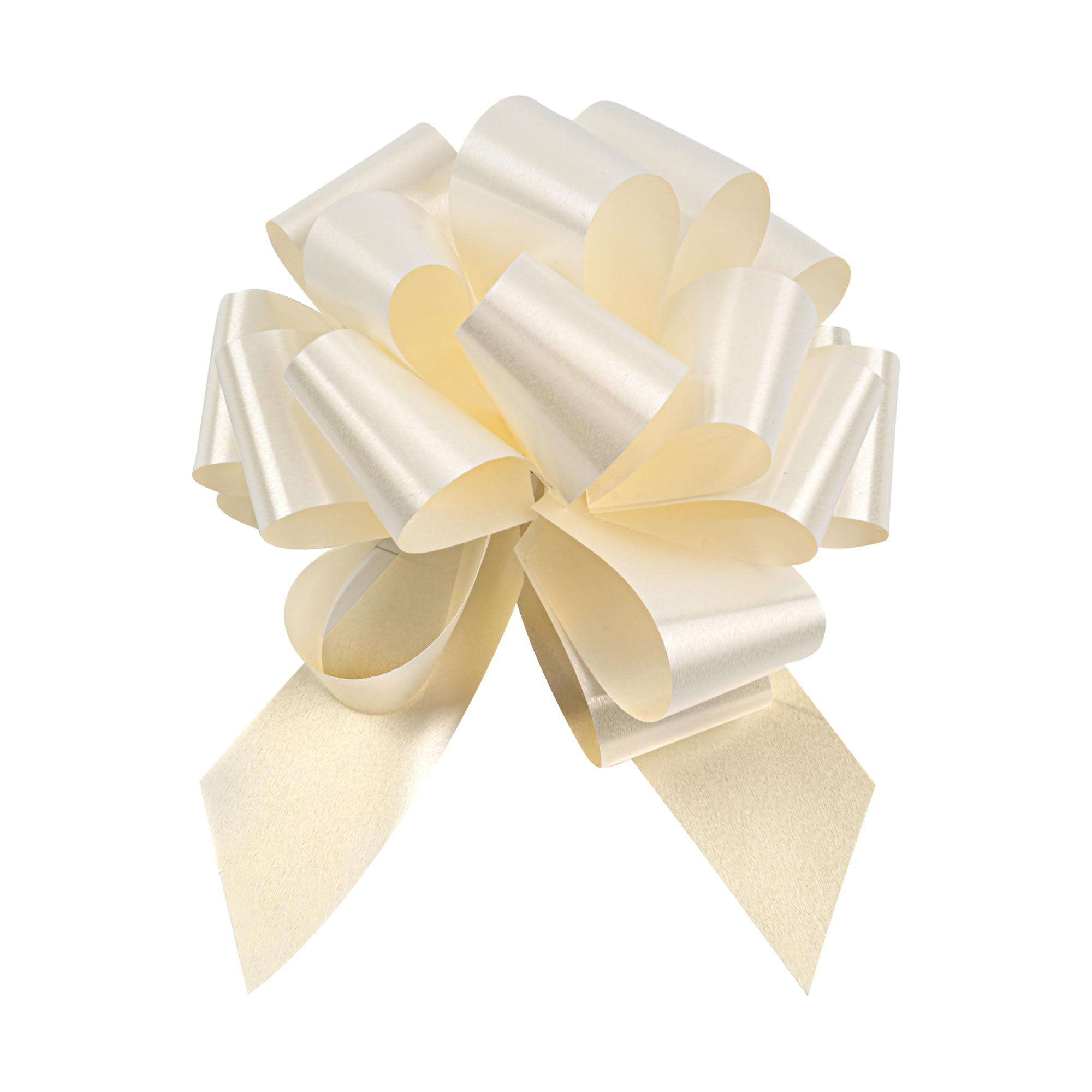 Gift Tek 5.5 Inch Ribbon Pull Bows, 10 Satin Pull Bows - 20 Loops, Instant, Cream Plastic Flower Bows for Gifts, Large, Instant Bows, for Wedding Gift Baskets, Wraps - Restaurantware