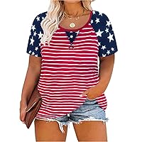 RITERA Plus Size American Flag Tops for Women Patriotic Shirt Oversized Tunic Color Block Summer V Neck Henley Tshirt XL-5XL