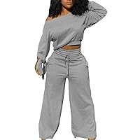 Women's Two Piece Outfits Off Shoulder Long Sleeve Asymmetrical Crop Sweatsuit and Straight Jogger Pants Tracksuits