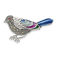 34.33mm 925 Sterling Silver Multicolored Enameled Marcasite and Garnet Bird Pin Brooch Jewelry Gifts for Women
