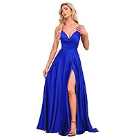 2024 Satin Bridesmaid Dresses Long with Slit Spaghetti Straps Deep V-Neck Pleated A-Line Prom Dresses for Women.