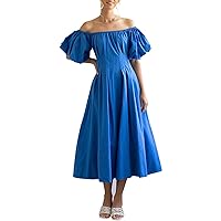 Pleated Dresses for Women 2024, Women's One Line Neckline Bubble Short Sleeved Temperament High Waisted, S XL