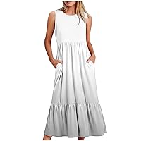 Gradient Color Summer Dresses for Women Casual Crewneck Sleeveless Flowy Tiered Midi Dress with Pockets Loose Beach Sundress