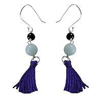 Silvesto India Wire Wrapped Jewelry Amazonite & Black Onyx-92.5 Sterling Silver Earring, Jaipur Rajasthan India Fish Hook-Tassel-Handmade Jewelry Manufacturer