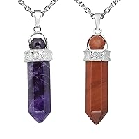 TUMBEELLUWA 2 PCS Healing Crystal Point Pendant Necklaces for Unisex Hexagonal Prism Stone Pendants with Chain