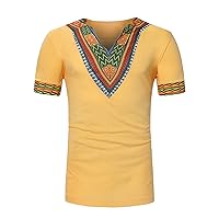 Mens Traditional African Dashiki Shirts Tribal Ethnic V Neck Slim Fit Tops Summer Short Sleeve Holiday Vacation Shirt