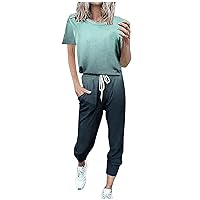 Summer 2 Piece Outfits Women Gradient Lounge Sets Short Sleeve Crewneck T-Shirts and Drawstring Sweatpant Sweatsuits