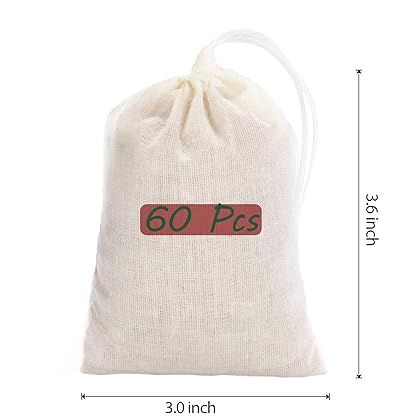 Homum 60 Pcs Cotton Drawstring Bags, Reusable Muslin Bag with Drawstring, Natural Cotton Bags Produce Bags Sachet Bag Bulk Gift Bag Jewelry Pouch for Wedding Party Home Storage (3x3.6 Inches)
