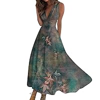 Women's Summer Elegant Sleeveless Deep V Neck Maxi Dress 2024 Trendy Floral Print Flowy Beach Dress