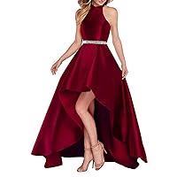Halter Beaded Prom Dresses with Pockets Stain Sleeveless Backless High Low Bridesmaid Dress for Women