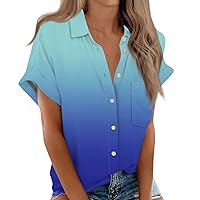 Going Out Short Sleeve Classic Tee Shirt Womans Mop Holiday Gradient Slim Fit Tops for Womens Vneck Button Blue M