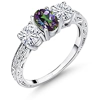 Gem Stone King 925 Sterling Silver 3-Stone Ring Oval Green Mystic Topaz and Moissanite (2.12 Cttw)