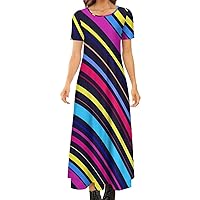 Womens Short-Sleeve Round Neck Maxi Dress Color Stripes