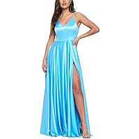 B Darlin Womens Light Blue Zippered Pocketed Thigh-high Slit Bra Cups Lined Spaghetti Strap V Neck Full-Length Formal Gown Dress Juniors 1